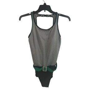 Body I.D. One Piece Swimsuit 14 Black White Striped Belted Women